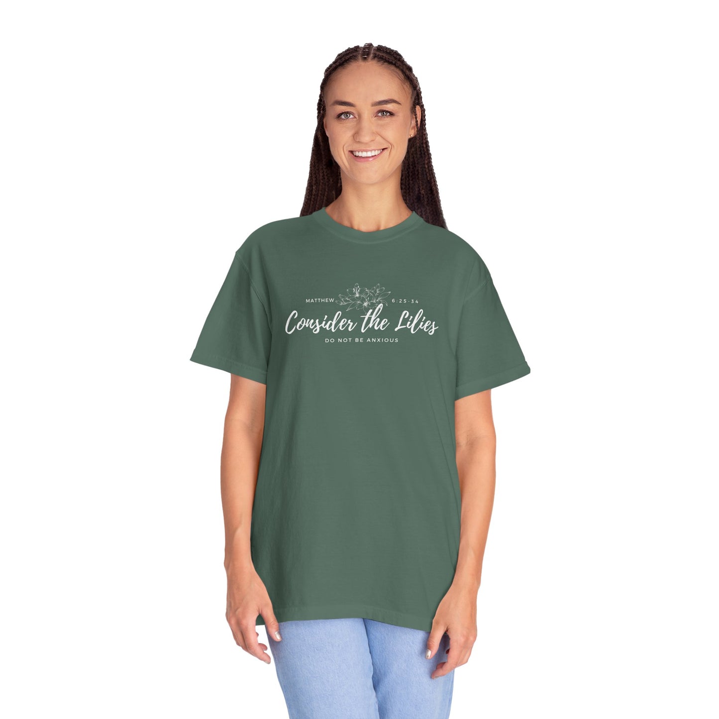 Comfort Colors Garment-Dyed Inspirational T-shirt, Consider the Lilies Tee, Unisex Casual Wear, Motivational Shirt, Relaxed Style