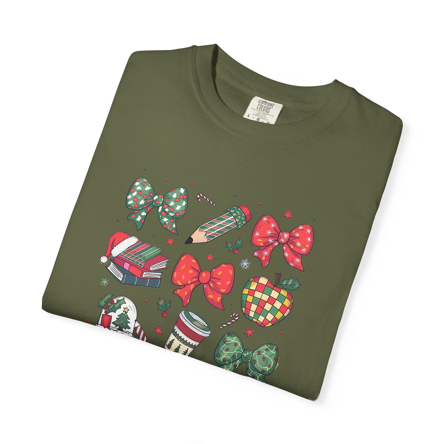 Comfort Colors Festive Bow School T-Shirt - Fun Holiday Graphic Top, Christmas Gift, Unisex Tee, Cozy Wear, Seasonal Style