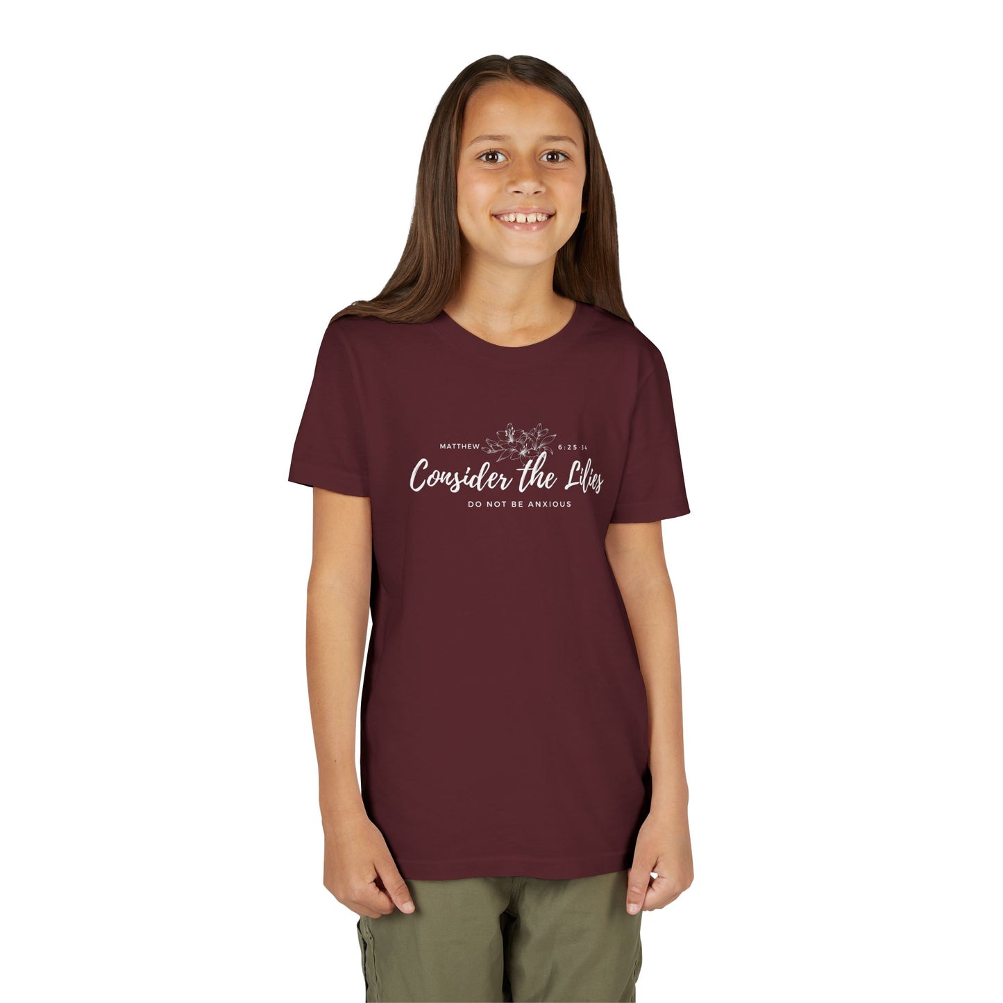 Bella + Canvas Consider the Lilies Youth Tee, Inspirational Kids Shirt, Motivational T-Shirt, Spring Gift, Nature Lover Clothing