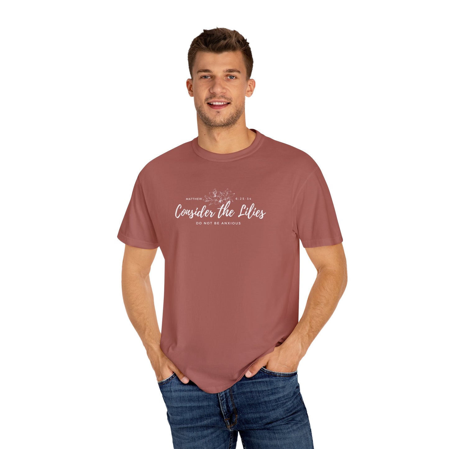 Comfort Colors Garment-Dyed Inspirational T-shirt, Consider the Lilies Tee, Unisex Casual Wear, Motivational Shirt, Relaxed Style