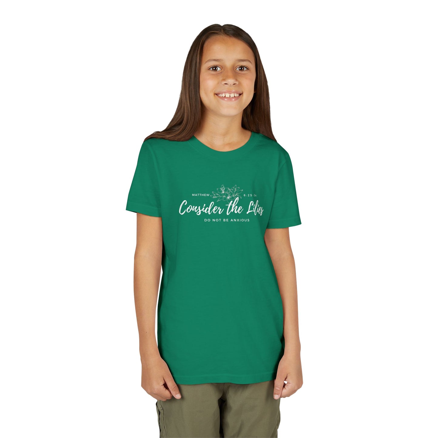 Bella + Canvas Consider the Lilies Youth Tee, Inspirational Kids Shirt, Motivational T-Shirt, Spring Gift, Nature Lover Clothing