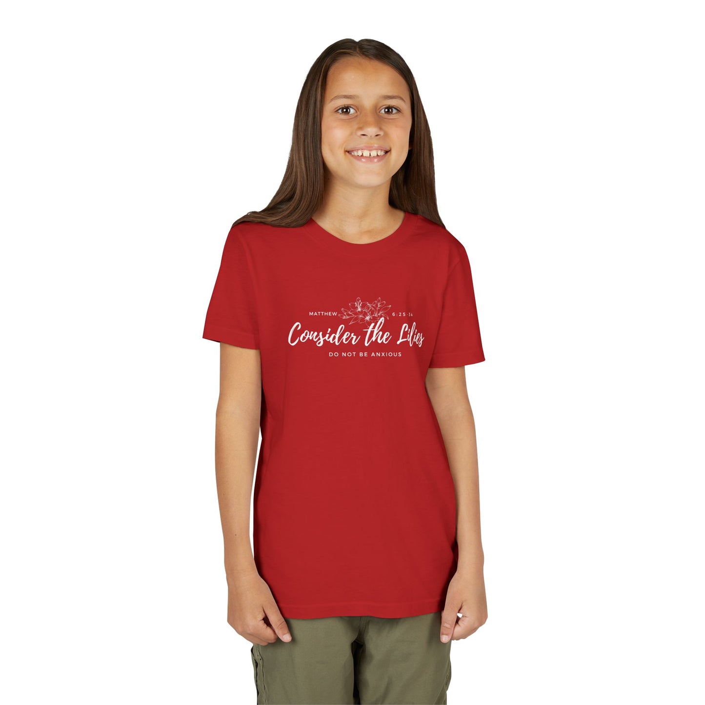Bella + Canvas Consider the Lilies Youth Tee, Inspirational Kids Shirt, Motivational T-Shirt, Spring Gift, Nature Lover Clothing