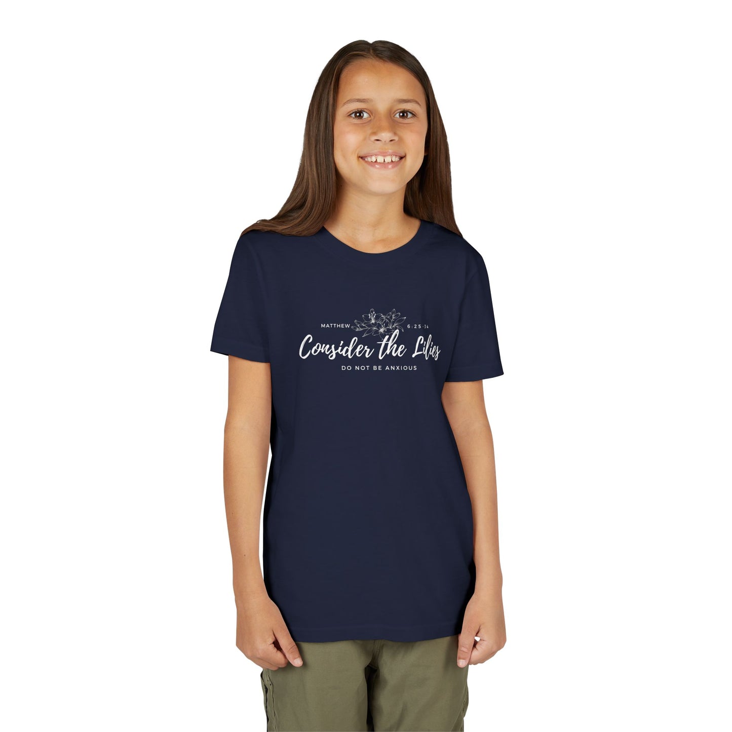 Bella + Canvas Consider the Lilies Youth Tee, Inspirational Kids Shirt, Motivational T-Shirt, Spring Gift, Nature Lover Clothing