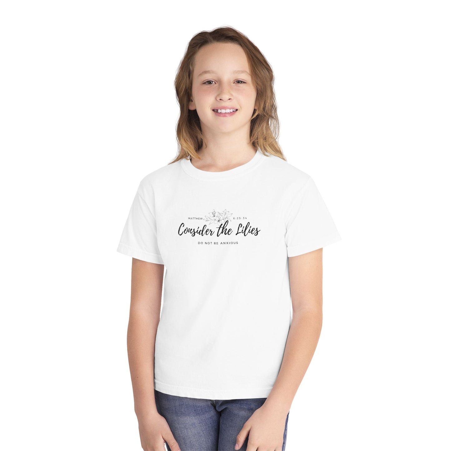 Comfort Colors "Consider the Lilies" Inspirational T-Shirt, Everyday Wear, Gift for kids, Christian Thought