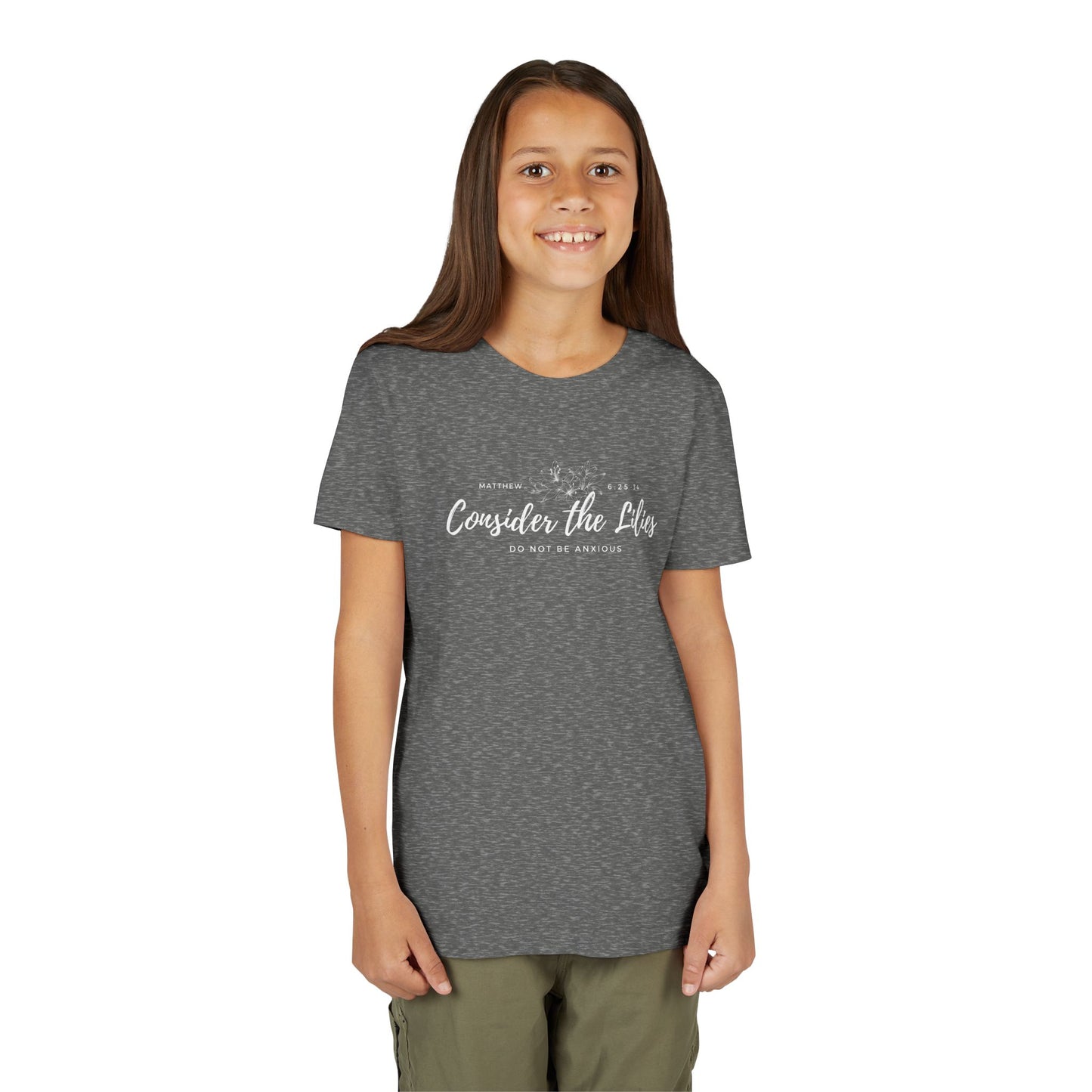 Bella + Canvas Consider the Lilies Youth Tee, Inspirational Kids Shirt, Motivational T-Shirt, Spring Gift, Nature Lover Clothing