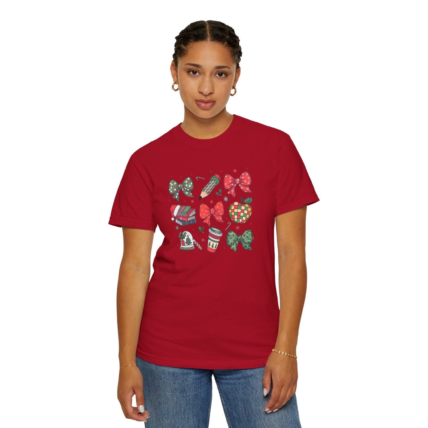 Comfort Colors Festive Bow School T-Shirt - Fun Holiday Graphic Top, Christmas Gift, Unisex Tee, Cozy Wear, Seasonal Style