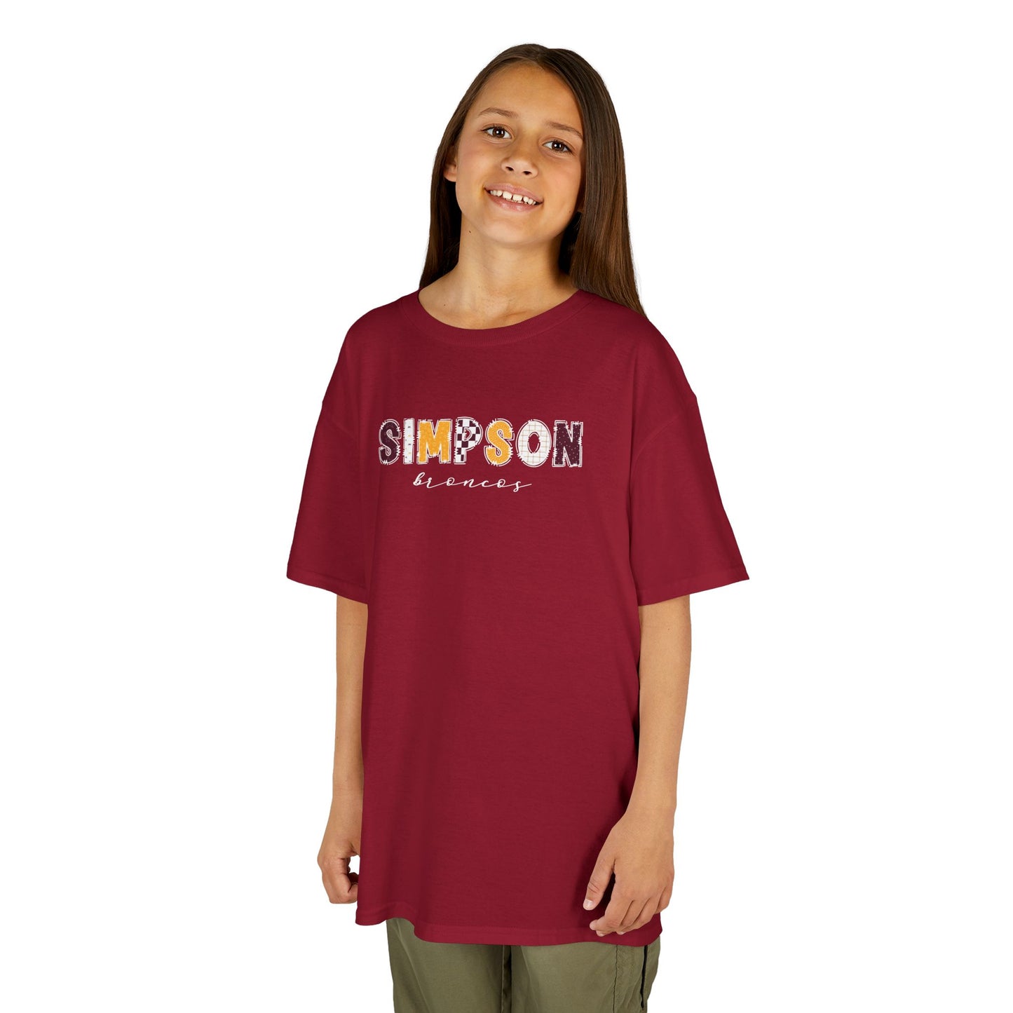 Gildan Kids Heavy Cotton Tee with Simpson Broncos Design, Cute Children's T-Shirt, School Spirit Apparel, Gift for Young Fans, Sporty Kids Wear