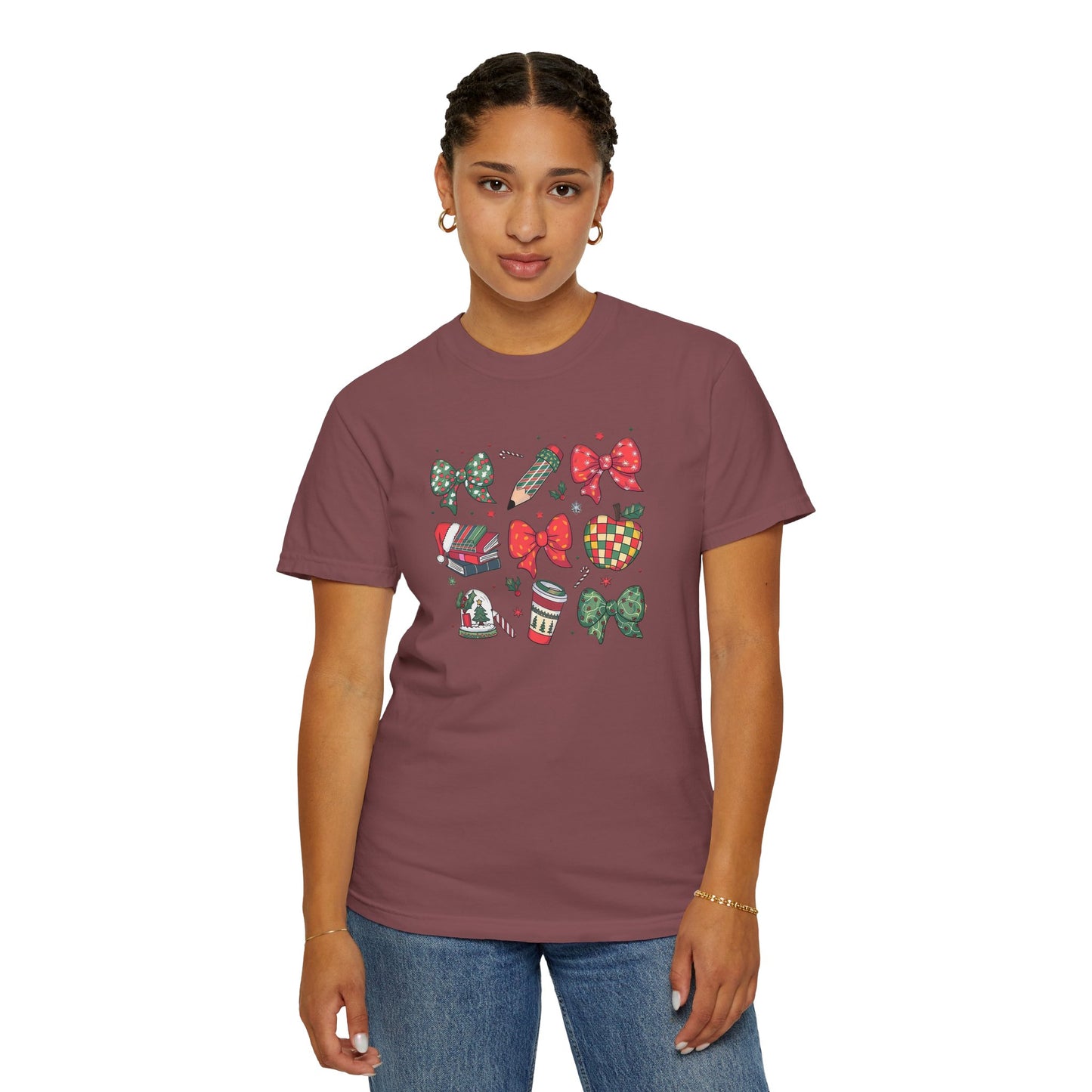 Comfort Colors Festive Bow School T-Shirt - Fun Holiday Graphic Top, Christmas Gift, Unisex Tee, Cozy Wear, Seasonal Style