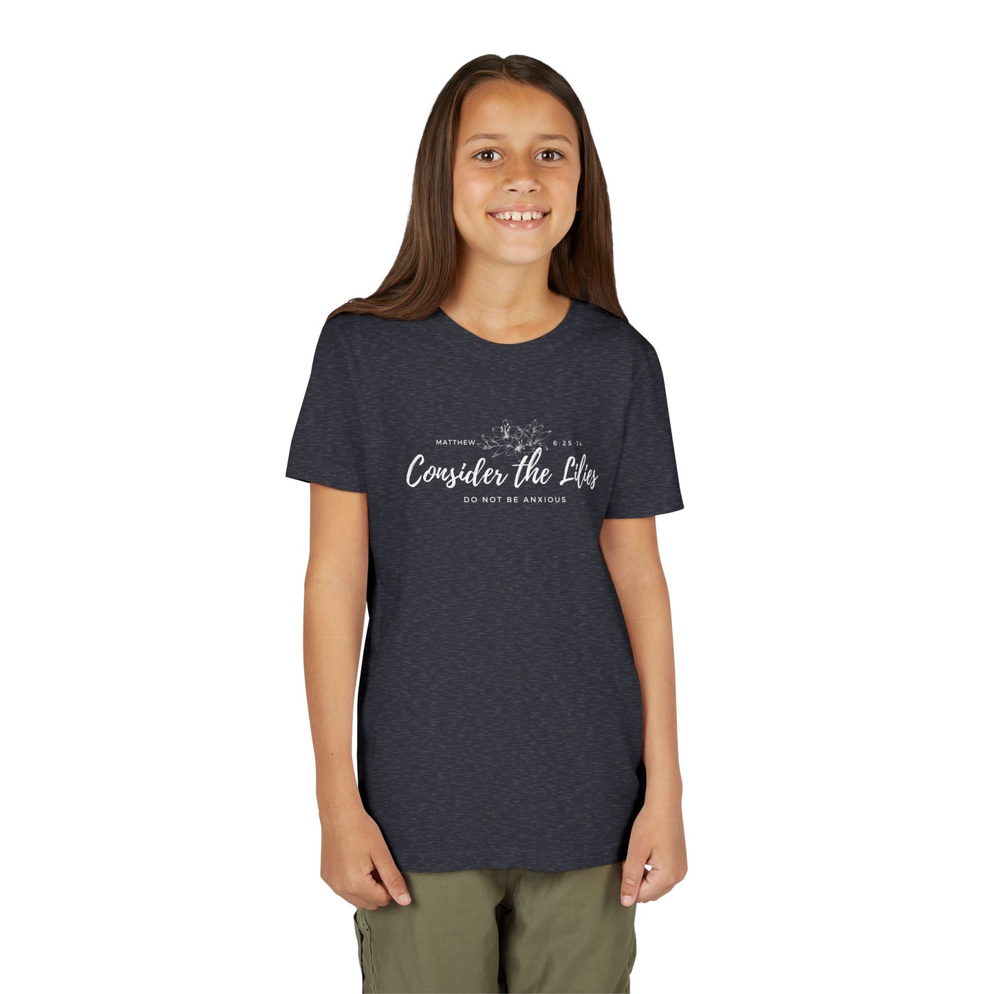 Bella + Canvas Consider the Lilies Youth Tee, Inspirational Kids Shirt, Motivational T-Shirt, Spring Gift, Nature Lover Clothing
