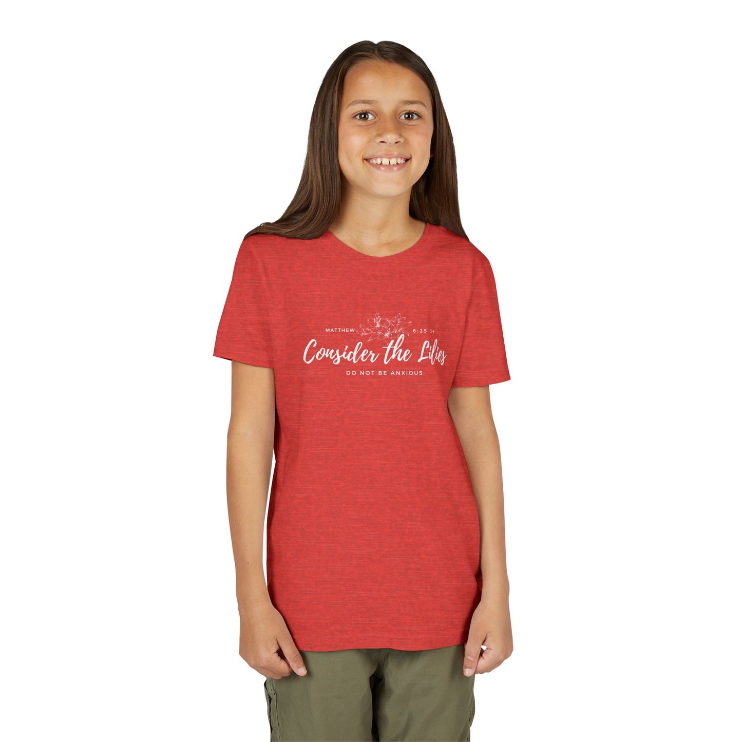 Bella + Canvas Consider the Lilies Youth Tee, Inspirational Kids Shirt, Motivational T-Shirt, Spring Gift, Nature Lover Clothing