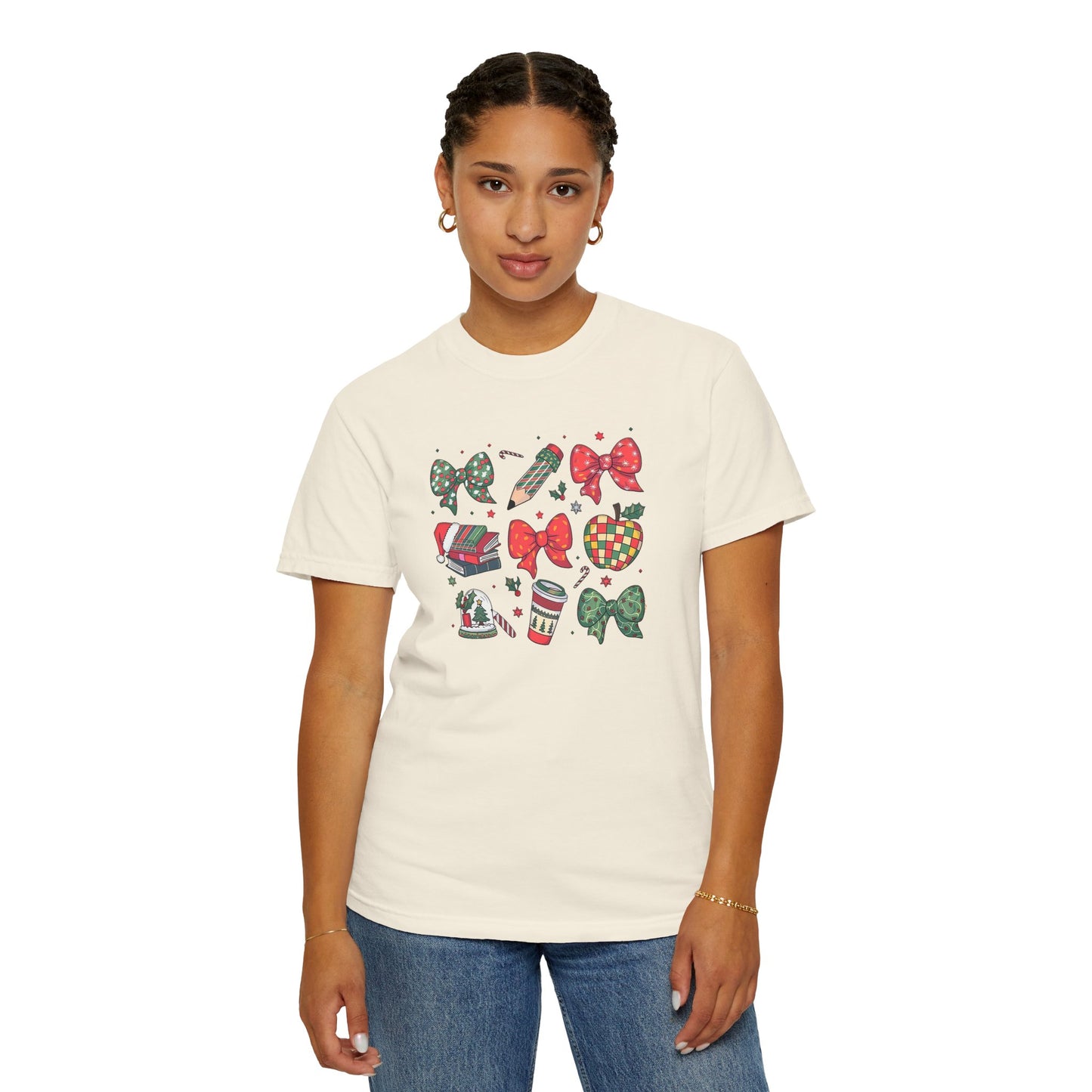 Comfort Colors Festive Bow School T-Shirt - Fun Holiday Graphic Top, Christmas Gift, Unisex Tee, Cozy Wear, Seasonal Style