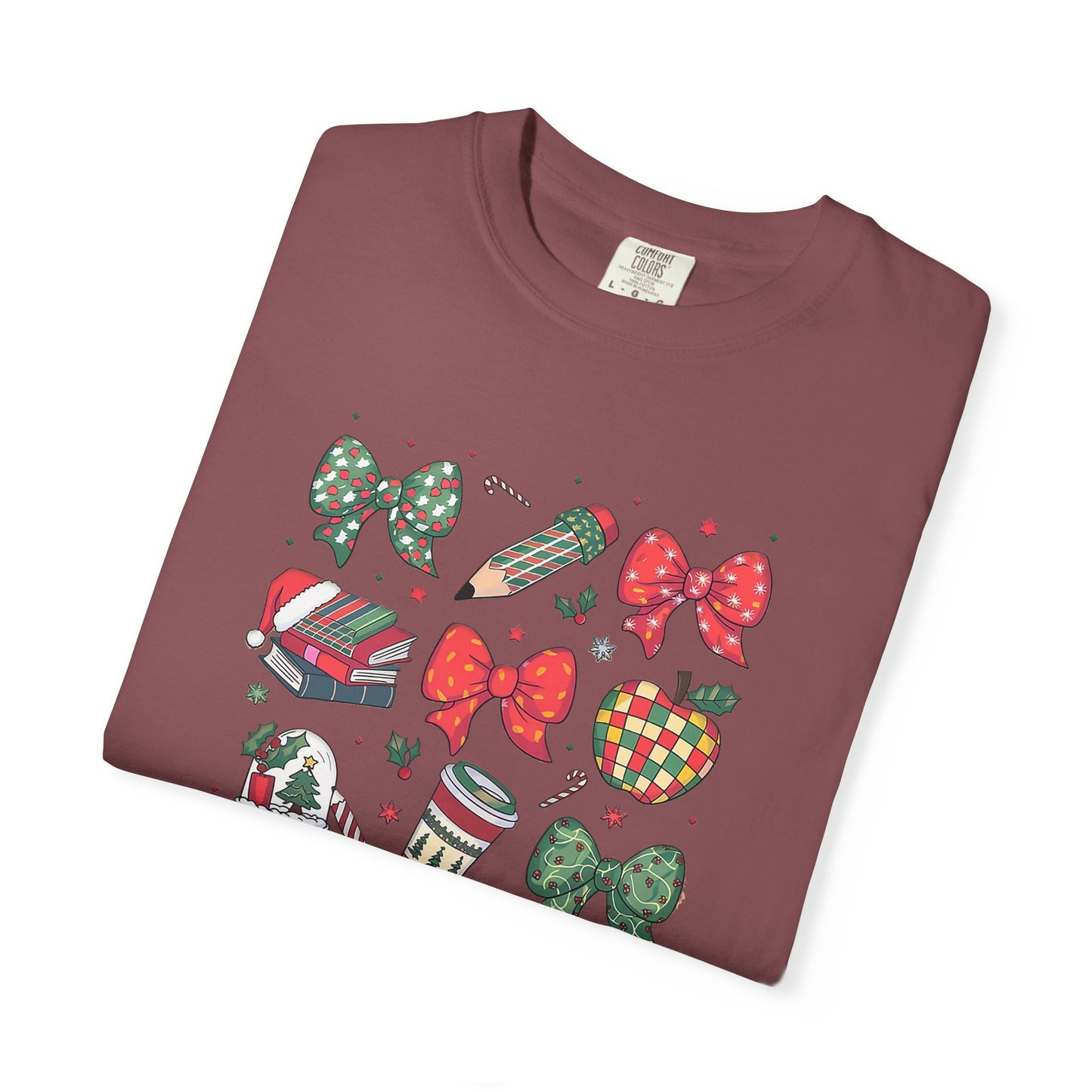 Comfort Colors Festive Bow School T-Shirt - Fun Holiday Graphic Top, Christmas Gift, Unisex Tee, Cozy Wear, Seasonal Style