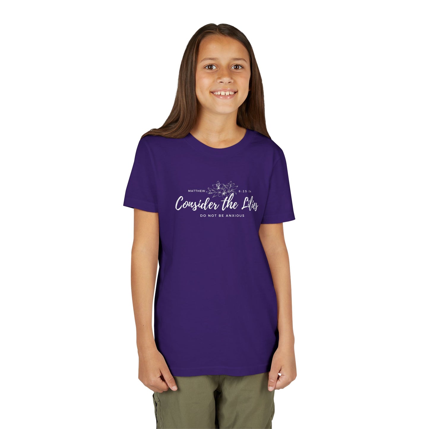 Bella + Canvas Consider the Lilies Youth Tee, Inspirational Kids Shirt, Motivational T-Shirt, Spring Gift, Nature Lover Clothing