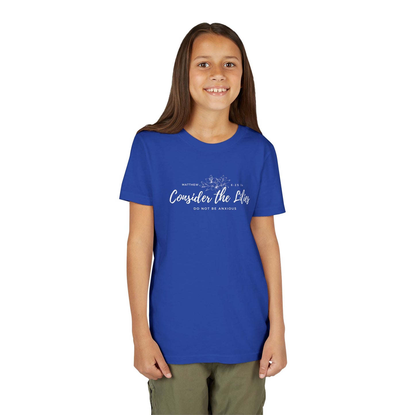 Bella + Canvas Consider the Lilies Youth Tee, Inspirational Kids Shirt, Motivational T-Shirt, Spring Gift, Nature Lover Clothing