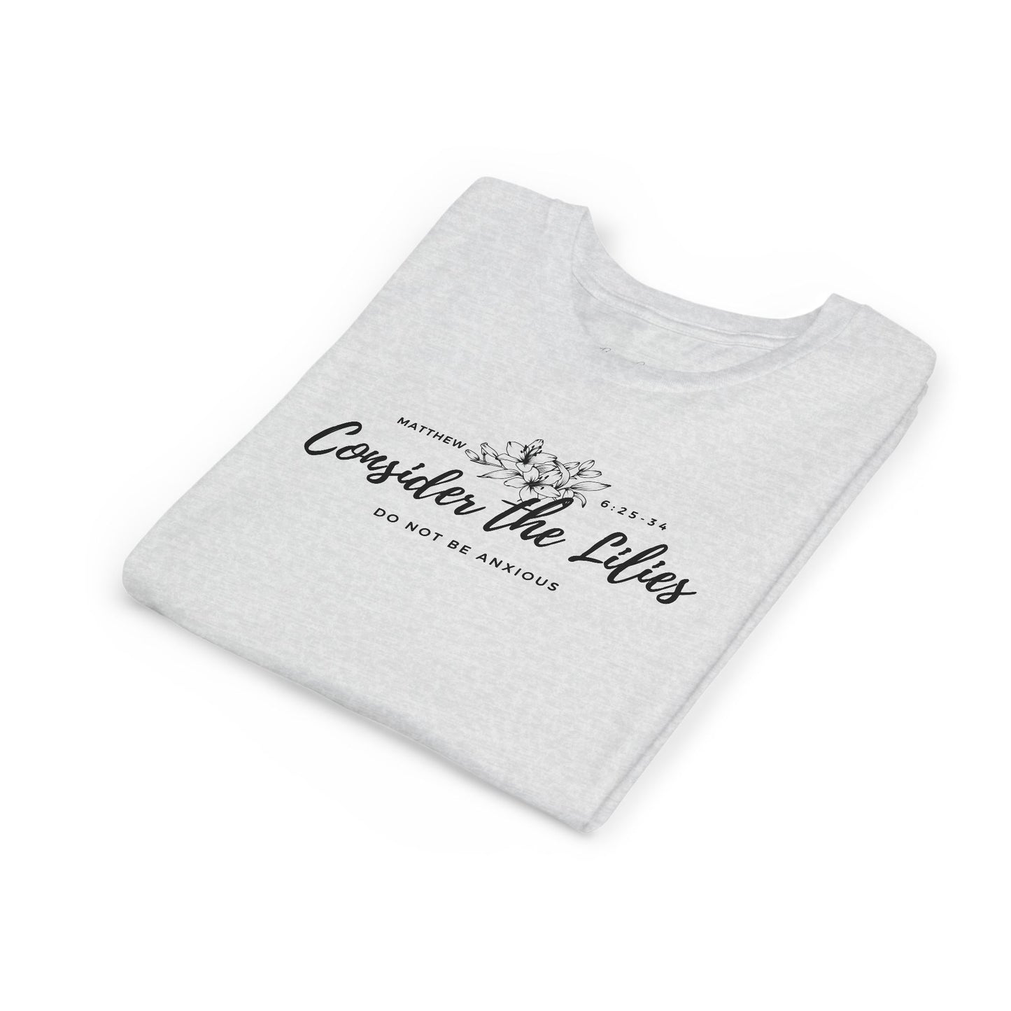 Bella + Canvas Consider the Lilies Youth Tee, Inspirational Kids Shirt, Motivational T-Shirt, Spring Gift, Nature Lover Clothing