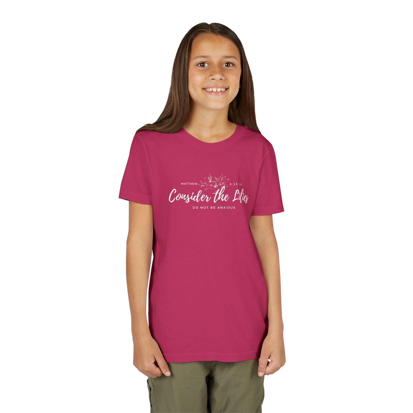 Bella + Canvas Consider the Lilies Youth Tee, Inspirational Kids Shirt, Motivational T-Shirt, Spring Gift, Nature Lover Clothing