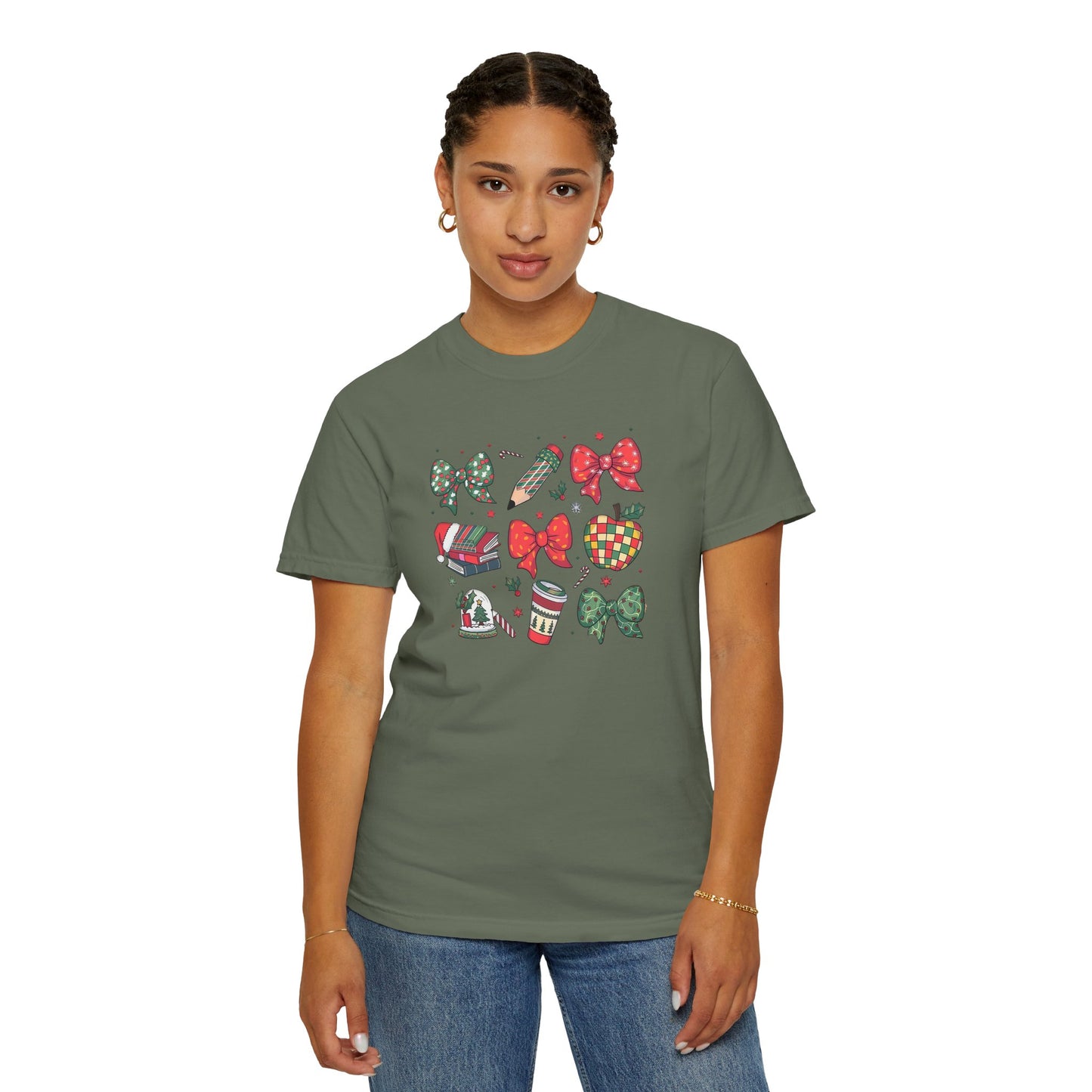 Comfort Colors Festive Bow School T-Shirt - Fun Holiday Graphic Top, Christmas Gift, Unisex Tee, Cozy Wear, Seasonal Style