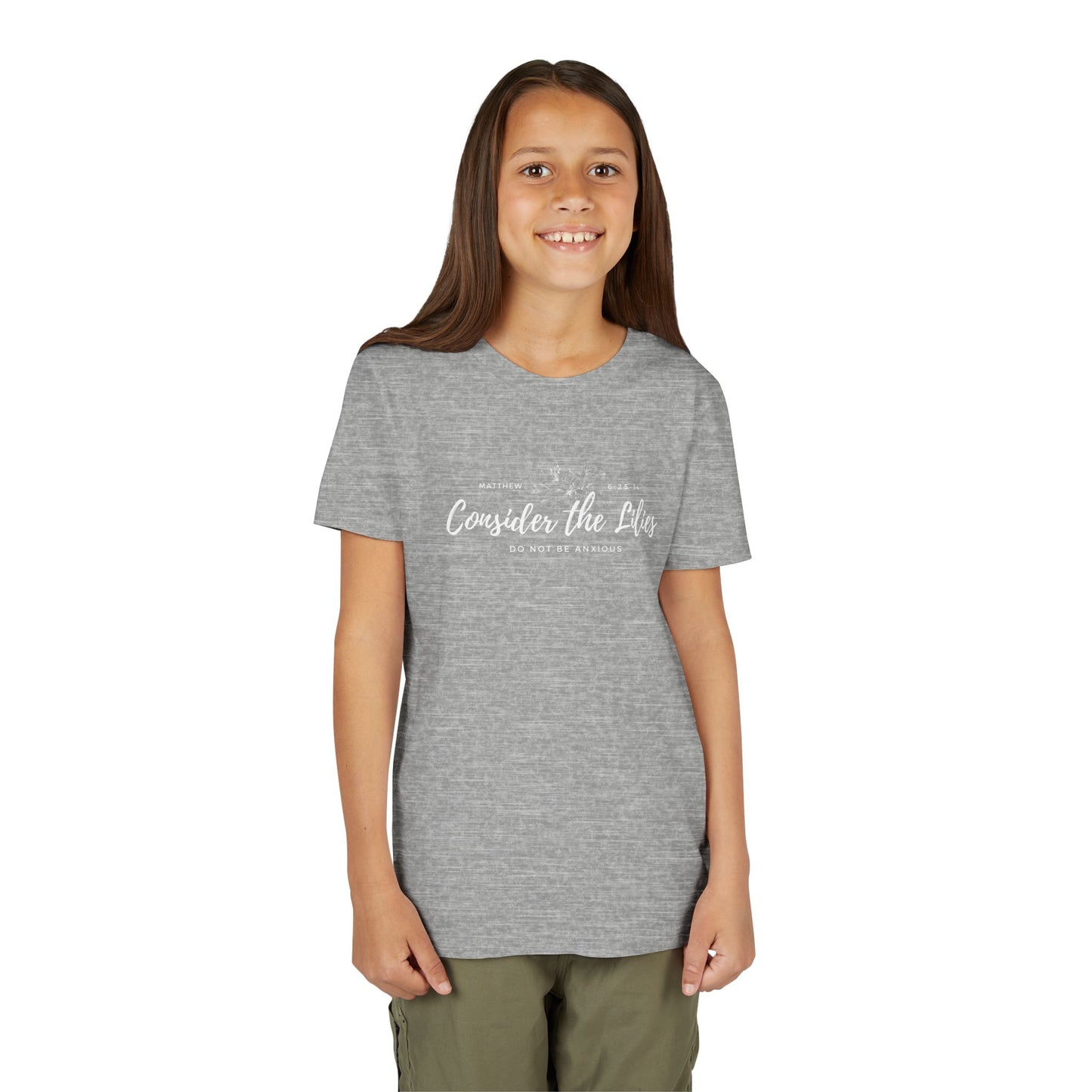 Bella + Canvas Consider the Lilies Youth Tee, Inspirational Kids Shirt, Motivational T-Shirt, Spring Gift, Nature Lover Clothing