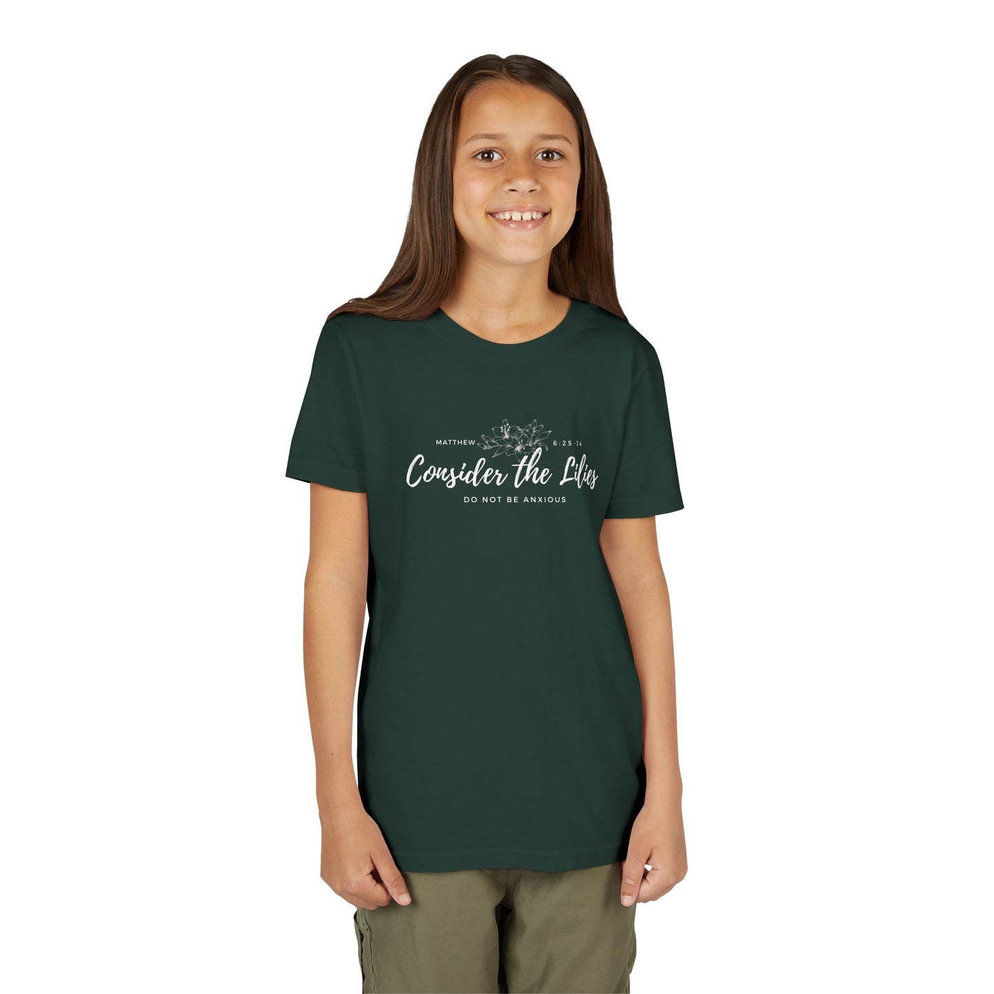 Bella + Canvas Consider the Lilies Youth Tee, Inspirational Kids Shirt, Motivational T-Shirt, Spring Gift, Nature Lover Clothing