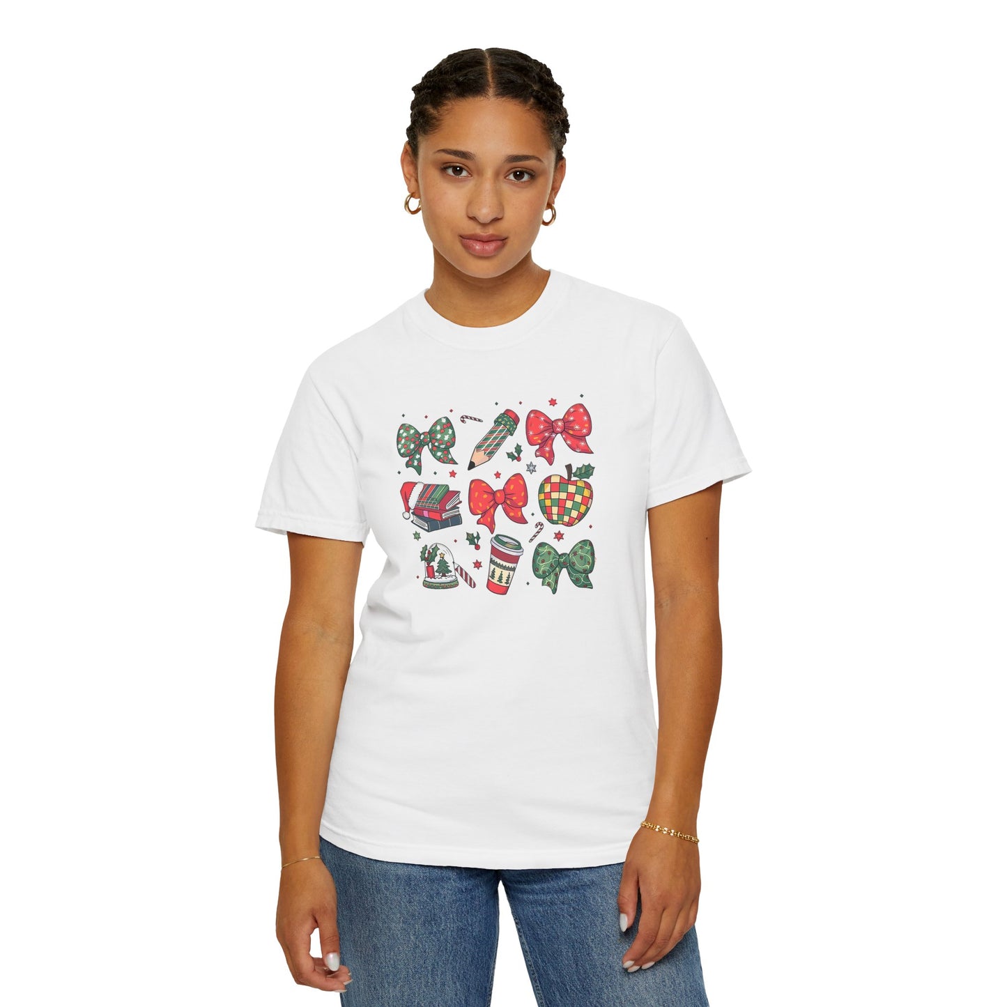 Comfort Colors Festive Bow School T-Shirt - Fun Holiday Graphic Top, Christmas Gift, Unisex Tee, Cozy Wear, Seasonal Style