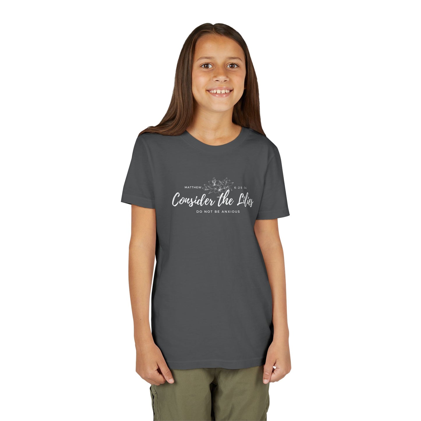 Bella + Canvas Consider the Lilies Youth Tee, Inspirational Kids Shirt, Motivational T-Shirt, Spring Gift, Nature Lover Clothing