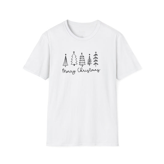 Christmas Tree Line Art T-Shirt – 'Merry Christmas' Minimal Holiday Gildan Softstyle Tee