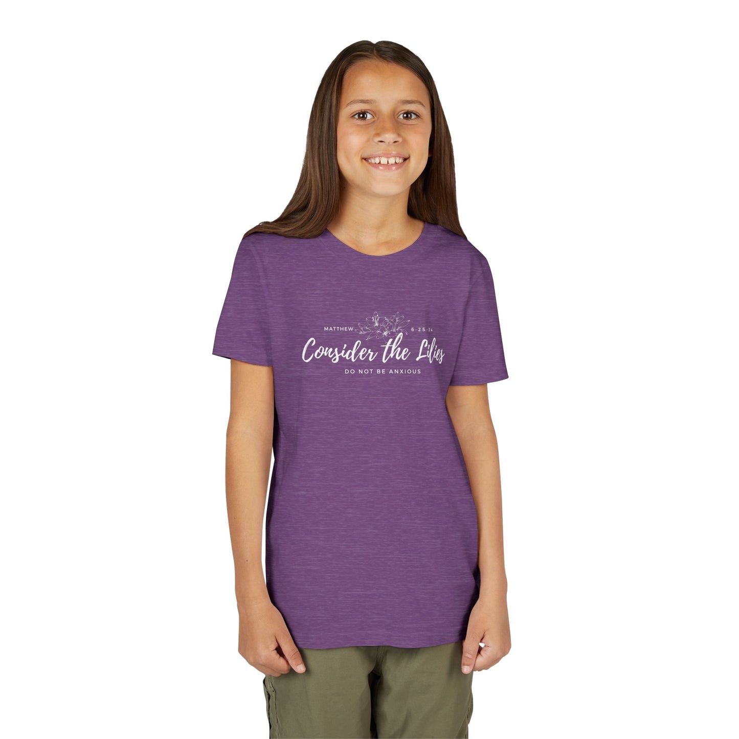 Bella + Canvas Consider the Lilies Youth Tee, Inspirational Kids Shirt, Motivational T-Shirt, Spring Gift, Nature Lover Clothing