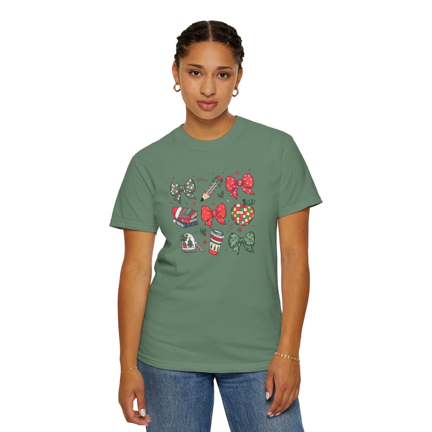 Comfort Colors Festive Bow School T-Shirt - Fun Holiday Graphic Top, Christmas Gift, Unisex Tee, Cozy Wear, Seasonal Style