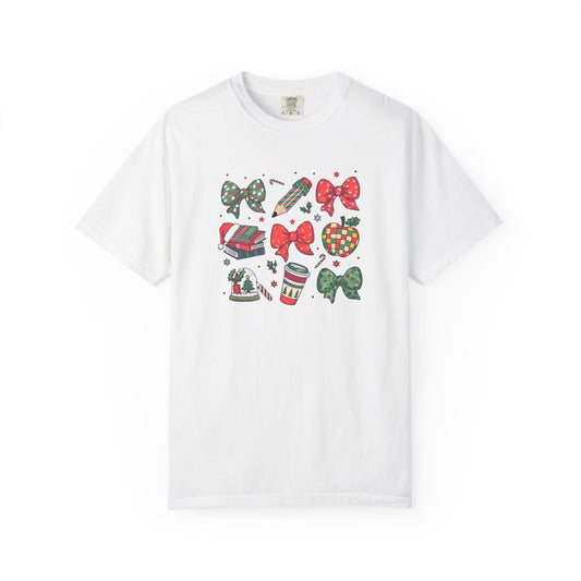 Comfort Colors Festive Bow School T-Shirt - Fun Holiday Graphic Top, Christmas Gift, Unisex Tee, Cozy Wear, Seasonal Style