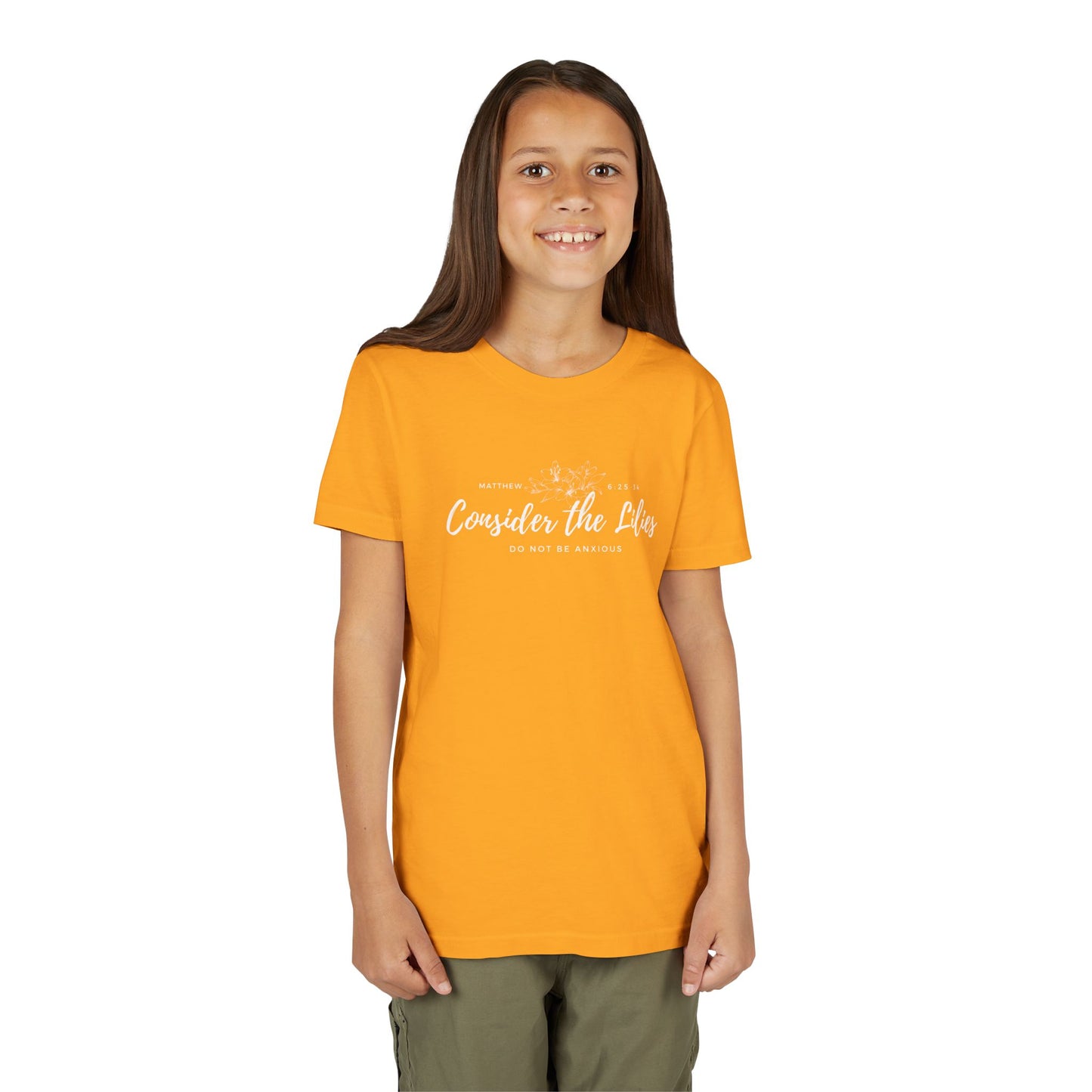 Bella + Canvas Consider the Lilies Youth Tee, Inspirational Kids Shirt, Motivational T-Shirt, Spring Gift, Nature Lover Clothing