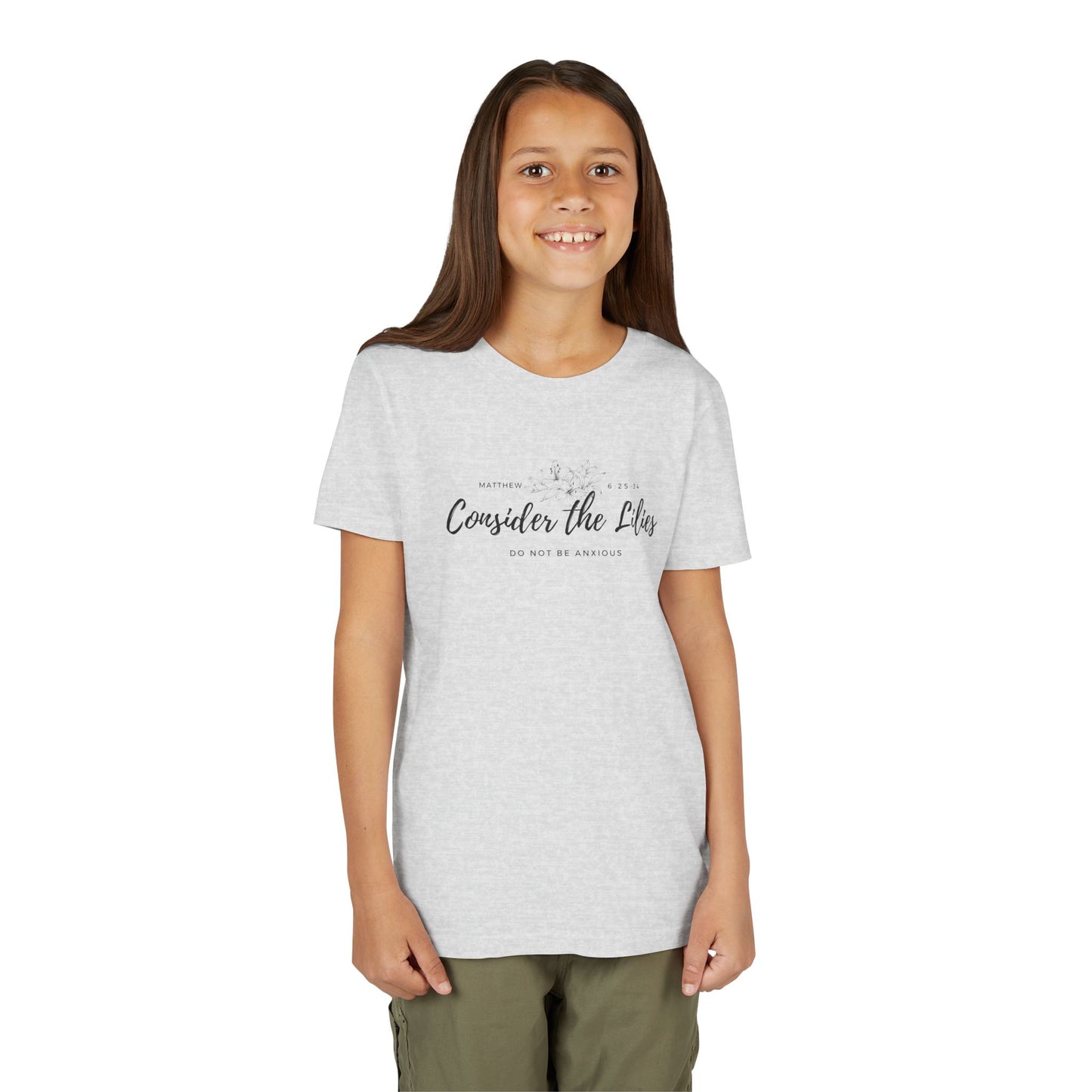 Bella + Canvas Consider the Lilies Youth Tee, Inspirational Kids Shirt, Motivational T-Shirt, Spring Gift, Nature Lover Clothing