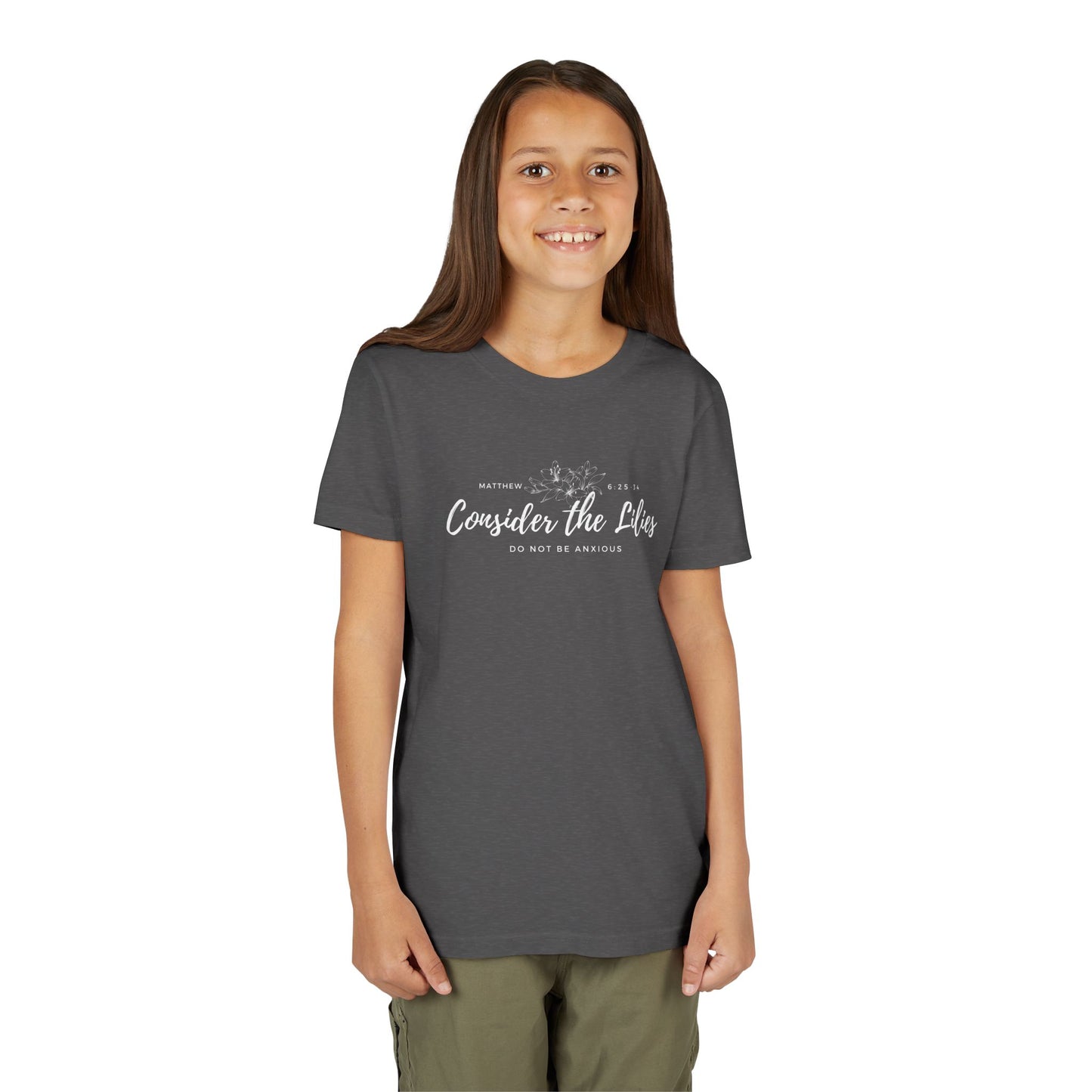 Bella + Canvas Consider the Lilies Youth Tee, Inspirational Kids Shirt, Motivational T-Shirt, Spring Gift, Nature Lover Clothing
