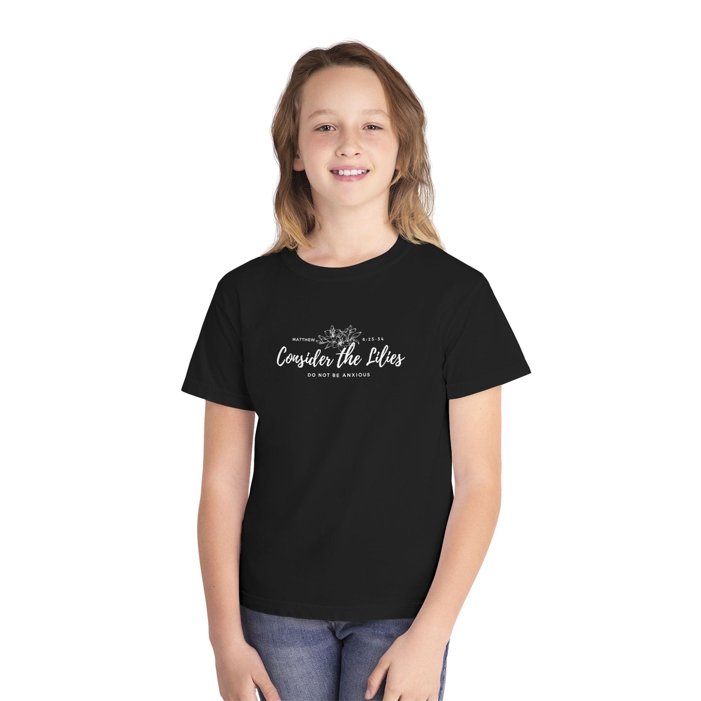 Comfort Colors "Consider the Lilies" Inspirational T-Shirt, Everyday Wear, Gift for kids, Christian Thought