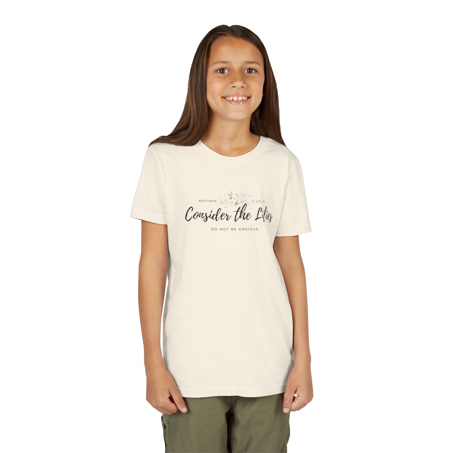 Bella + Canvas Consider the Lilies Youth Tee, Inspirational Kids Shirt, Motivational T-Shirt, Spring Gift, Nature Lover Clothing