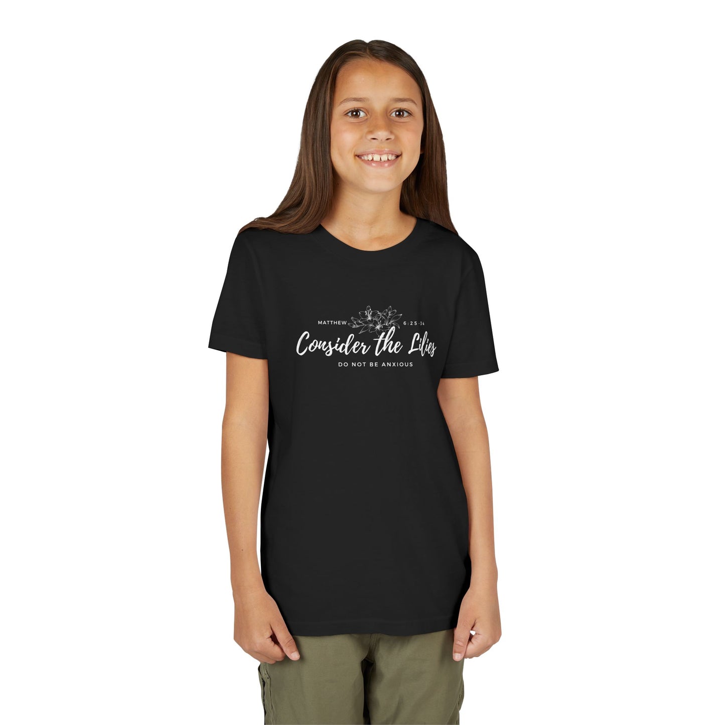 Bella + Canvas Consider the Lilies Youth Tee, Inspirational Kids Shirt, Motivational T-Shirt, Spring Gift, Nature Lover Clothing
