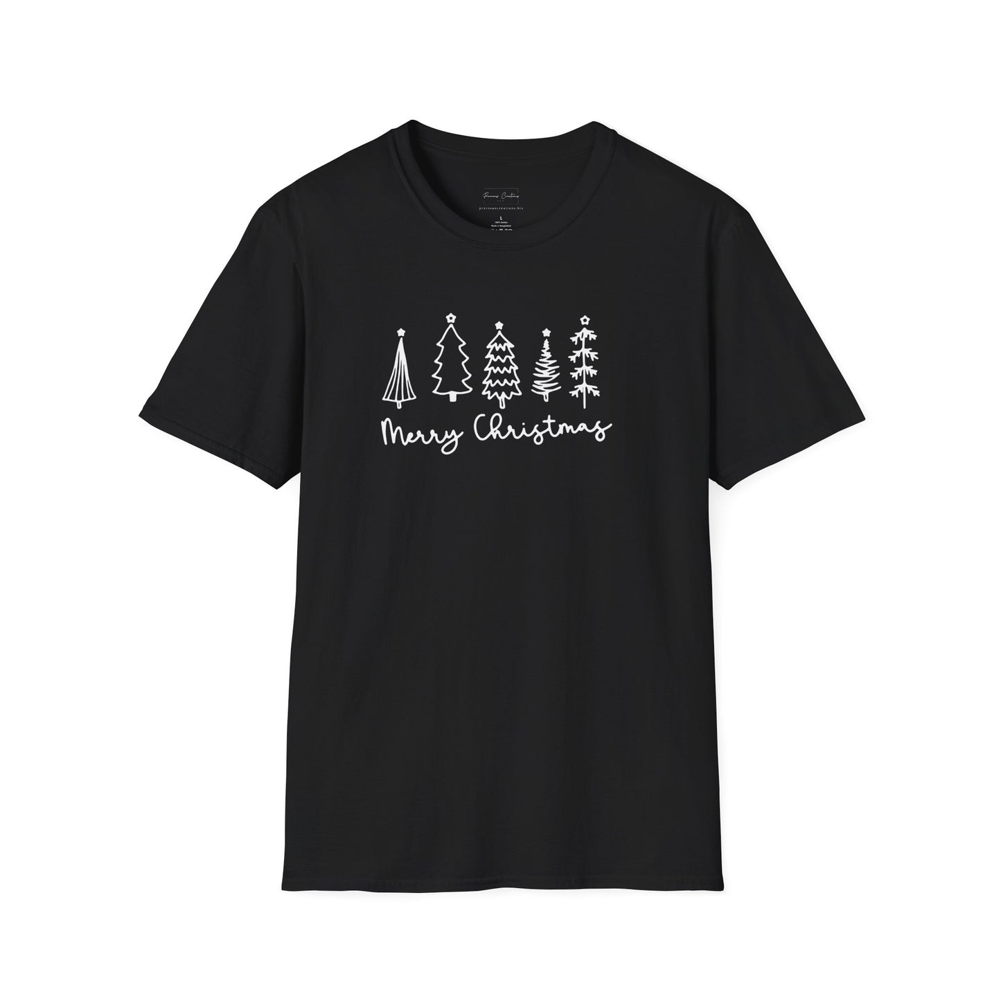 Christmas Tree Line Art T-Shirt – 'Merry Christmas' Minimal Holiday Gildan Softstyle Tee White lettering
