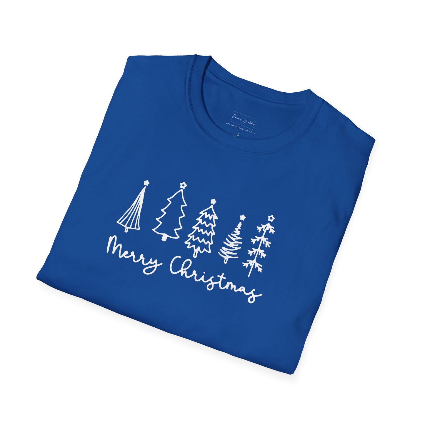 Christmas Tree Line Art T-Shirt – 'Merry Christmas' Minimal Holiday Gildan Softstyle Tee White lettering