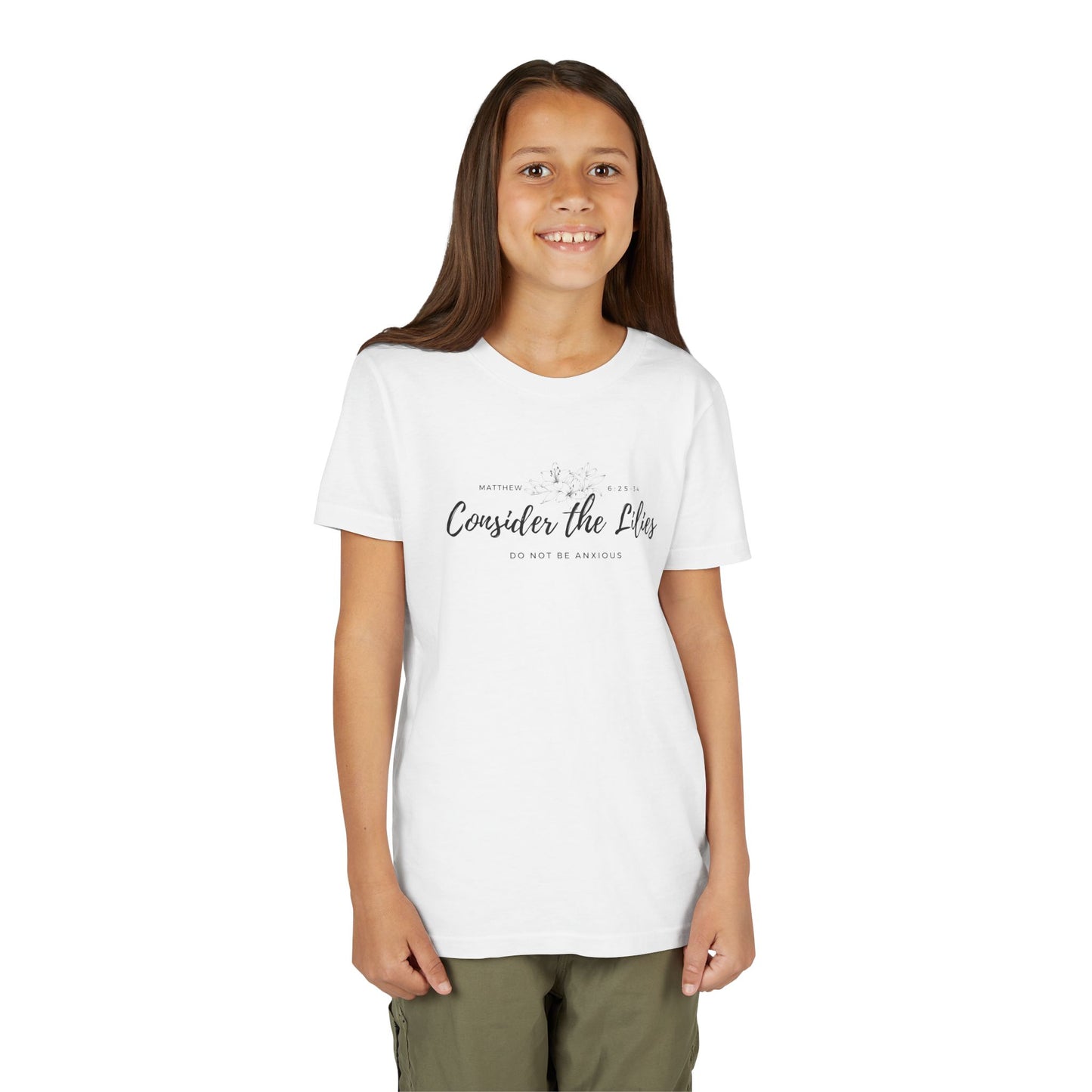 Bella + Canvas Consider the Lilies Youth Tee, Inspirational Kids Shirt, Motivational T-Shirt, Spring Gift, Nature Lover Clothing