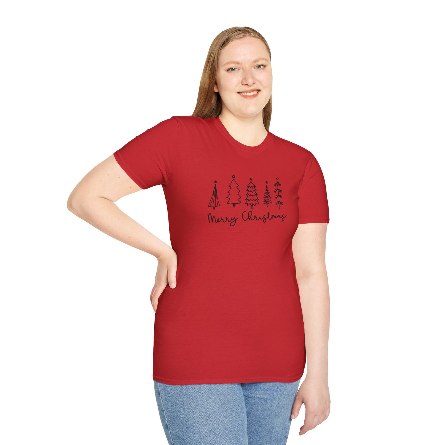 Christmas Tree Line Art T-Shirt – 'Merry Christmas' Minimal Holiday Gildan Softstyle Tee