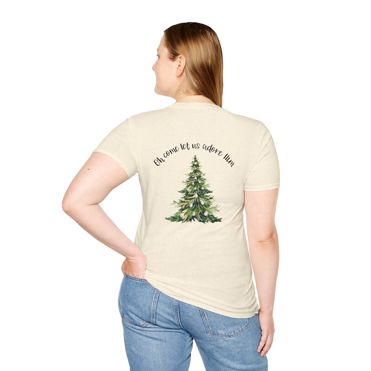 Christmas Tree T-Shirt — “Oh Come Let Us Adore Him” Holiday Gildan Softstyle Tee Black lettering