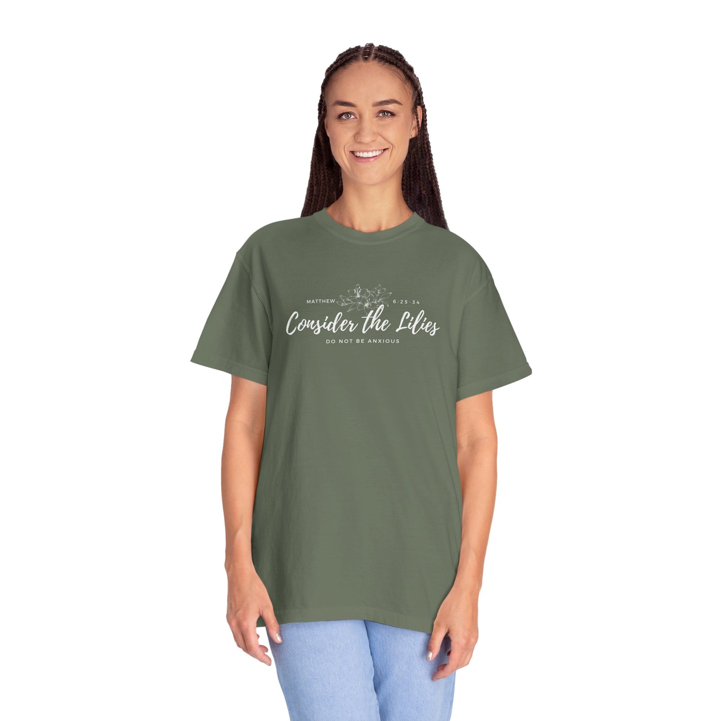 Comfort Colors Garment-Dyed Inspirational T-shirt, Consider the Lilies Tee, Unisex Casual Wear, Motivational Shirt, Relaxed Style