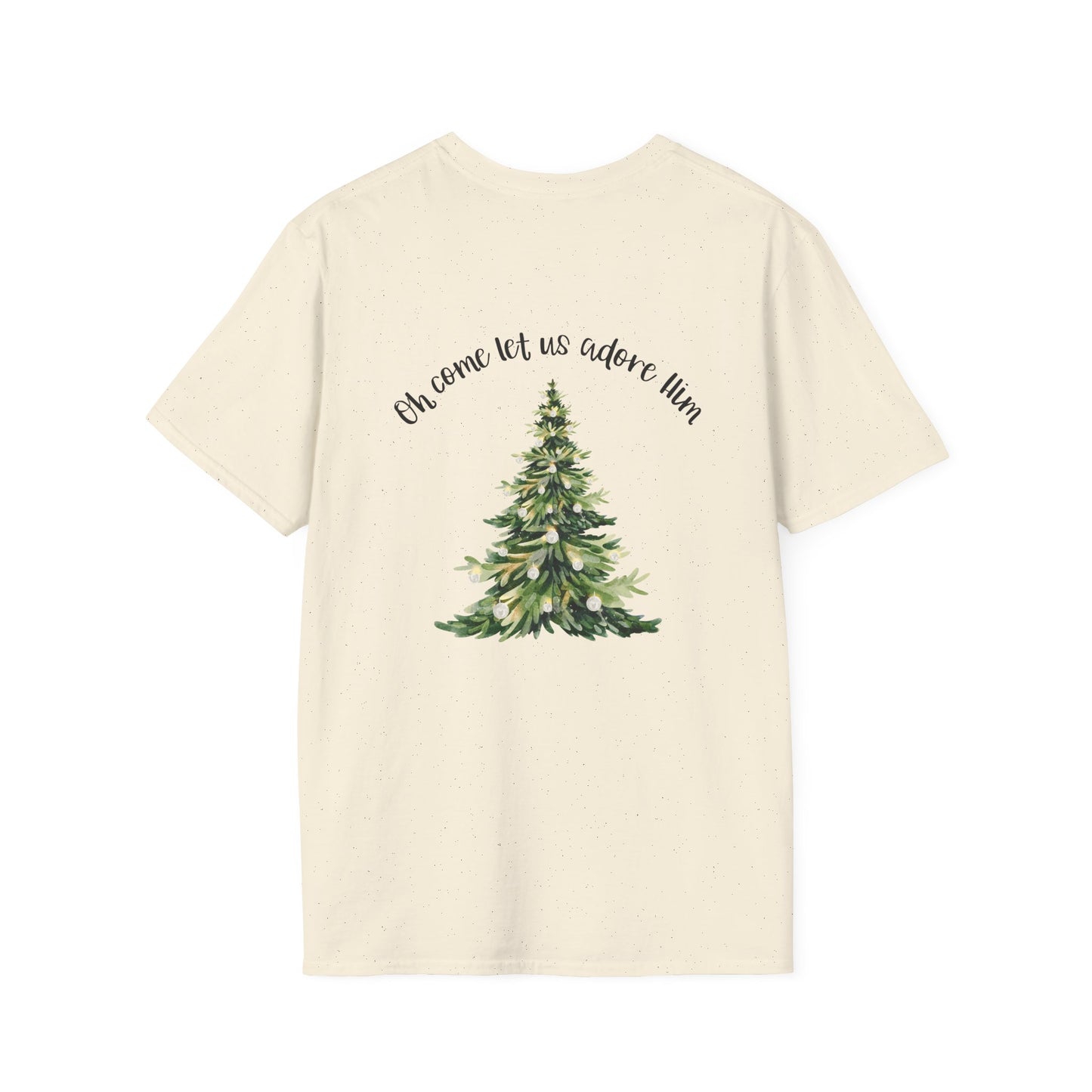 Christmas Tree T-Shirt — “Oh Come Let Us Adore Him” Holiday Gildan Softstyle Tee Black lettering