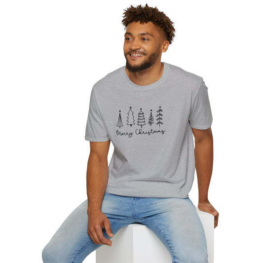 Christmas Tree Line Art T-Shirt – 'Merry Christmas' Minimal Holiday Gildan Softstyle Tee