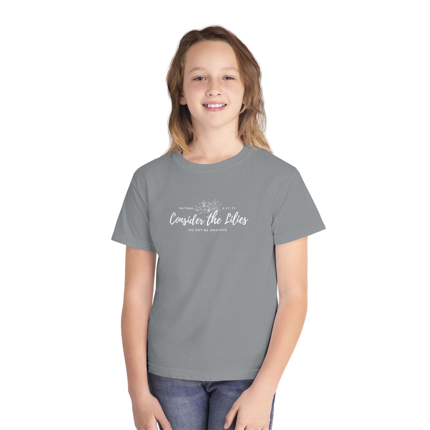 Comfort Colors "Consider the Lilies" Inspirational T-Shirt, Everyday Wear, Gift for kids, Christian Thought