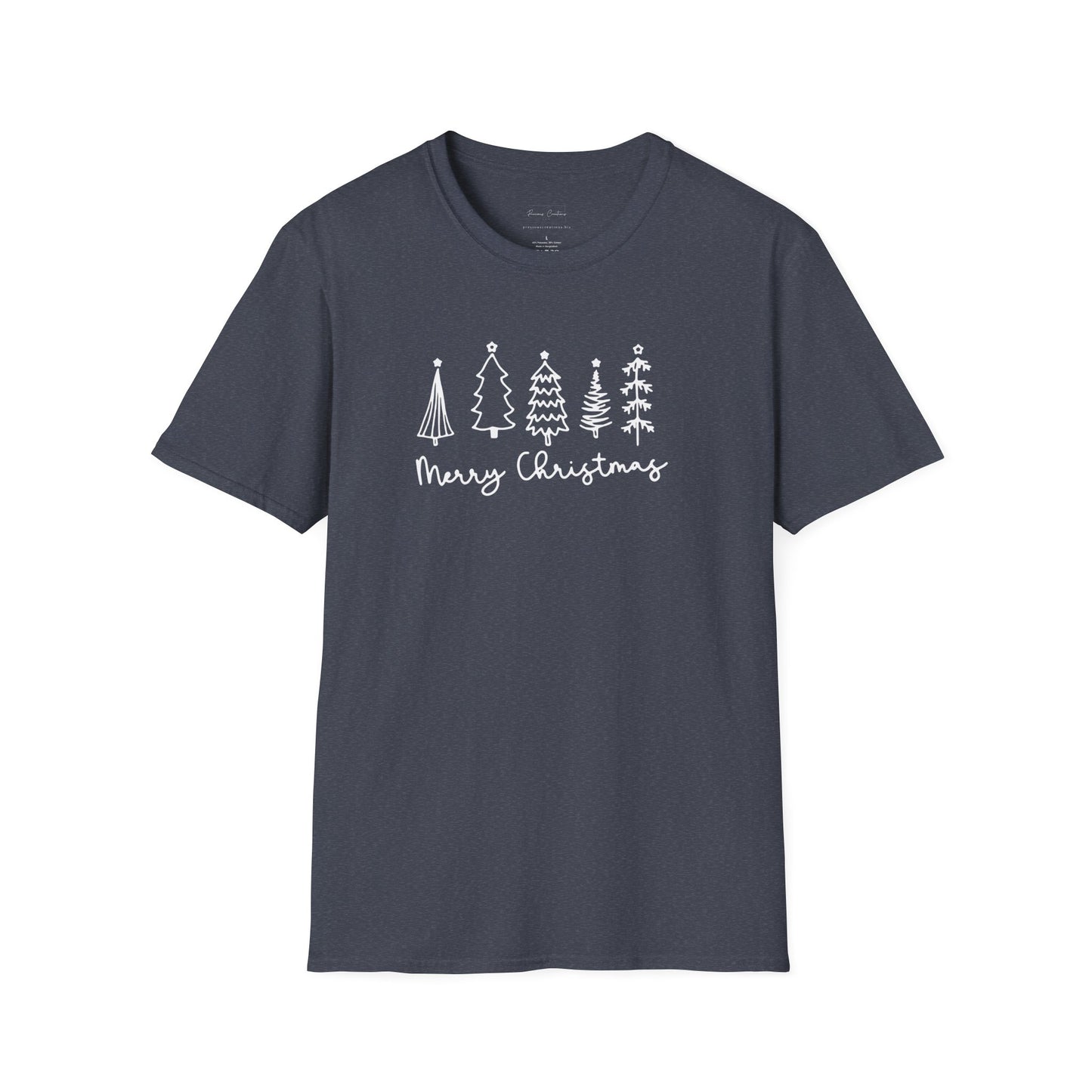 Christmas Tree Line Art T-Shirt – 'Merry Christmas' Minimal Holiday Gildan Softstyle Tee White lettering