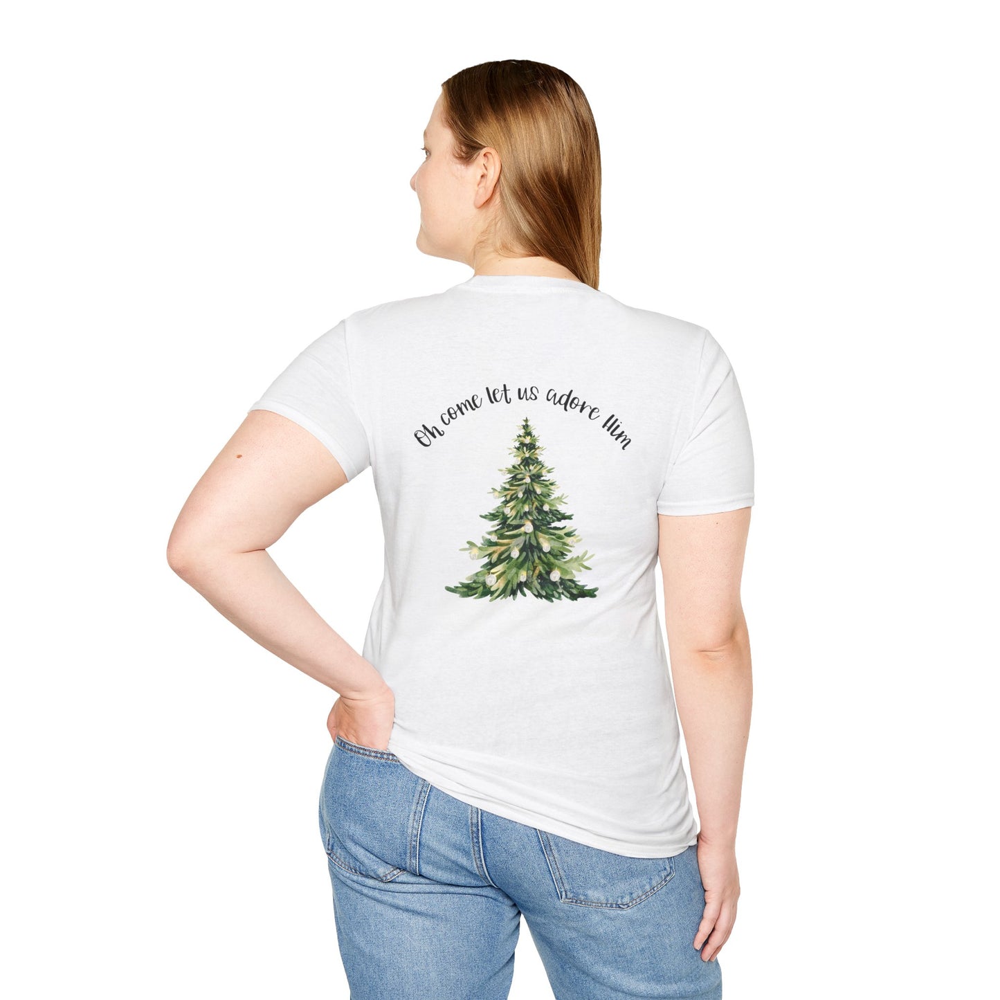Christmas Tree T-Shirt — “Oh Come Let Us Adore Him” Holiday Gildan Softstyle Tee Black lettering