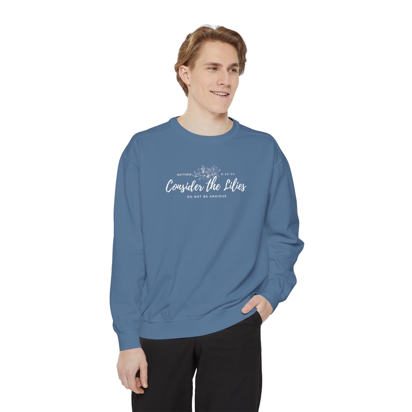 Comfort Colors Unisex Sweatshirt with 'Consider the Lilies' Design, Perfect for Casual Wear, Gifts, Spring Fashion, Cozy Atmosphere, [...]
