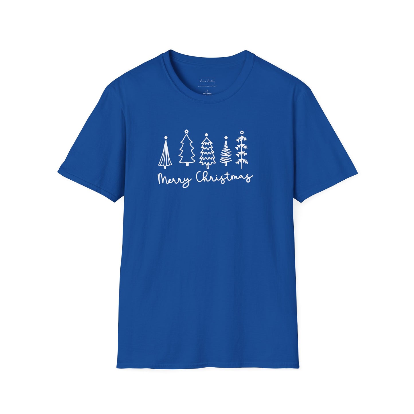 Christmas Tree Line Art T-Shirt – 'Merry Christmas' Minimal Holiday Gildan Softstyle Tee White lettering