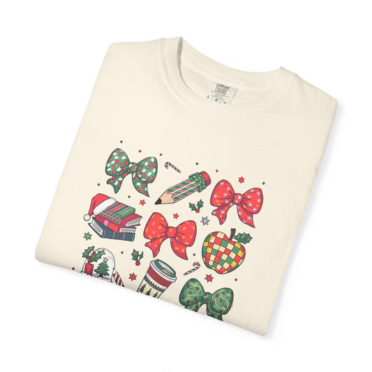 Comfort Colors Festive Bow School T-Shirt - Fun Holiday Graphic Top, Christmas Gift, Unisex Tee, Cozy Wear, Seasonal Style