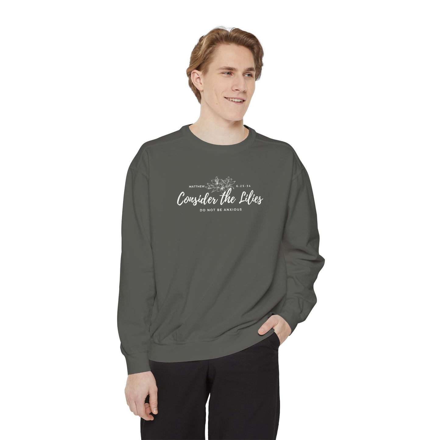 Comfort Colors Unisex Sweatshirt with 'Consider the Lilies' Design, Perfect for Casual Wear, Gifts, Spring Fashion, Cozy Atmosphere, [...]